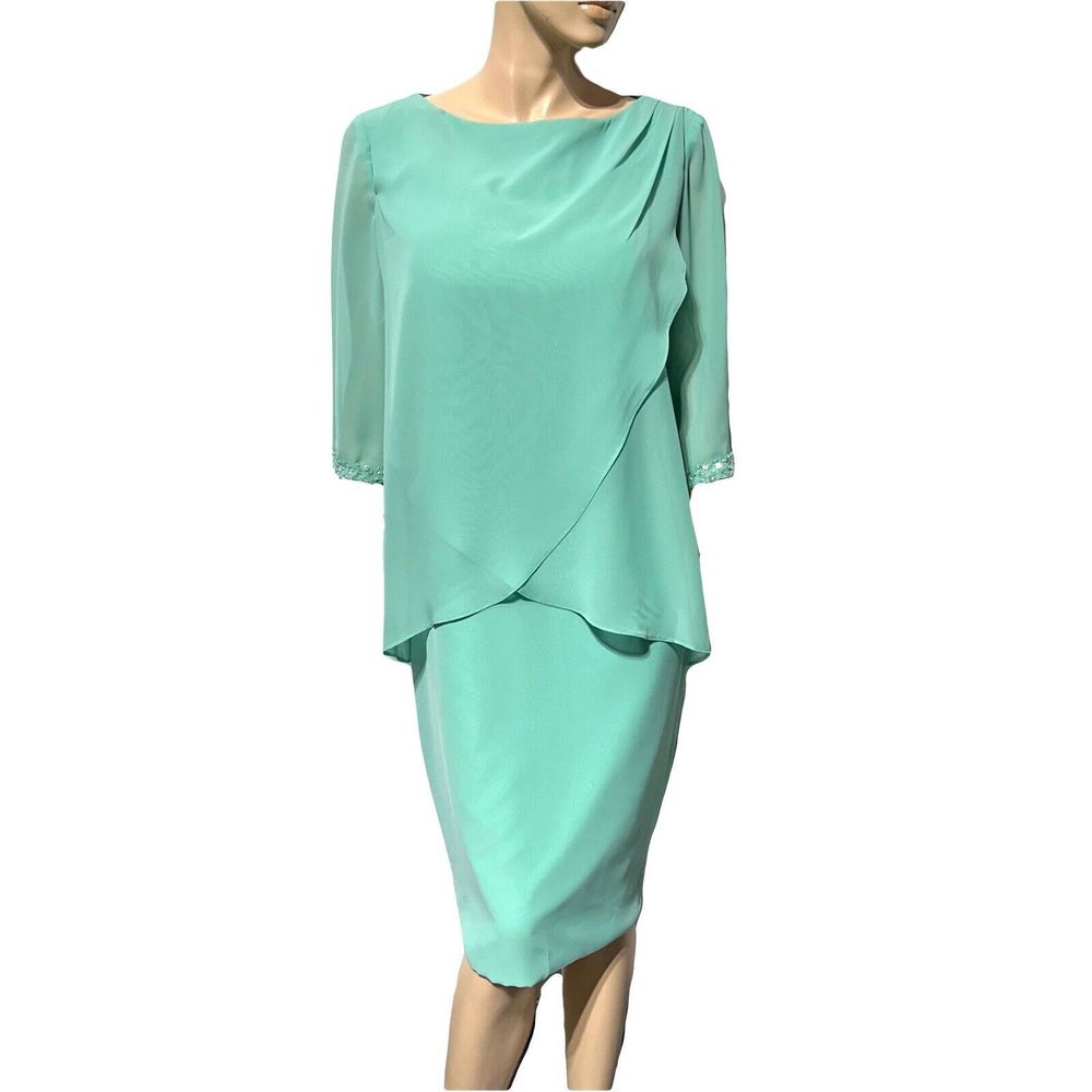 LAN TING Mother Of The Bride Dress Chiffon SEQUIN Cuff Layered Mint Green Sz M L